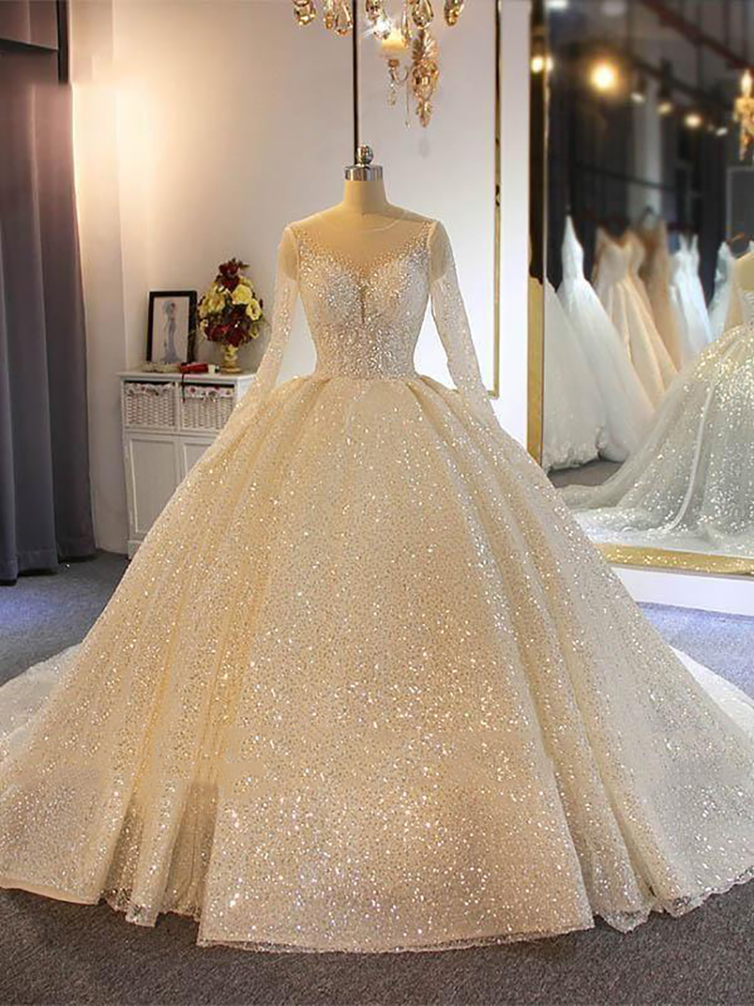 Sparkling Ball Gown Wedding Dresses Sheer Jewel Neck Appliqued Sequins Long Sleeves Lace Bridal Gowns Custom Made Abiti Da Sposa Dress 0431