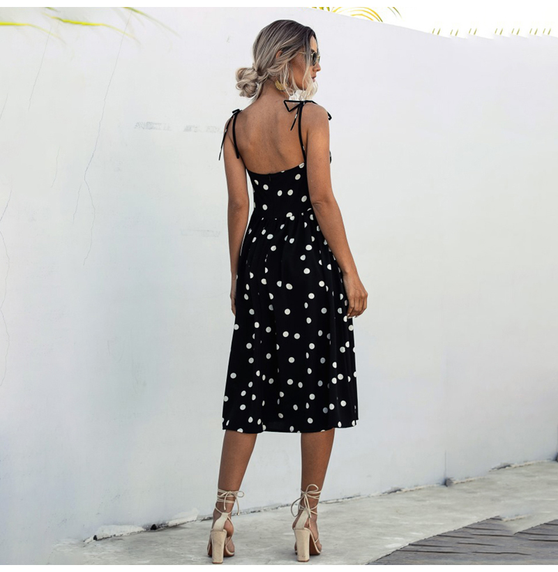 Women Dress Summer Spaghetti Strap Casual Polka-dot Sexy Backless Dress Lacing-up Bow Slip Sundresses Black White Clothes 210409