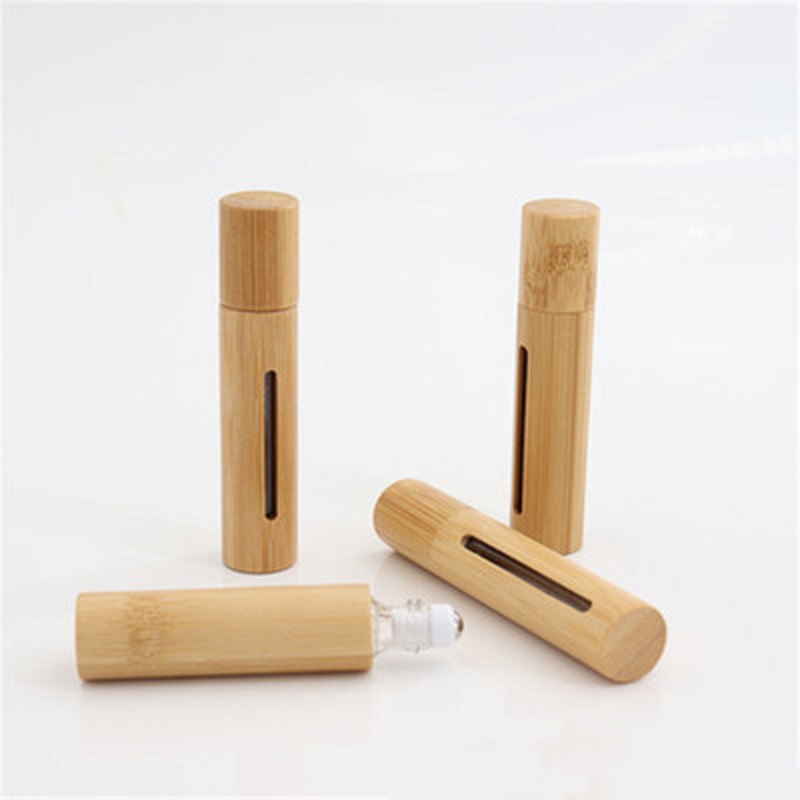 5ml 10ml Full natural bamboo Essential Oil Roller-ball Bottle carved window Clear Glass Roll On Perfume Bottles Stainless Steel Rollers Ball