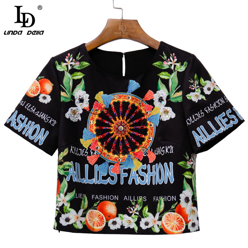 Fashion Runway Autumn Vintage Two Pieces Set Suits Women's Short Sleeve Beading Tops And Printed Long Pants 210522