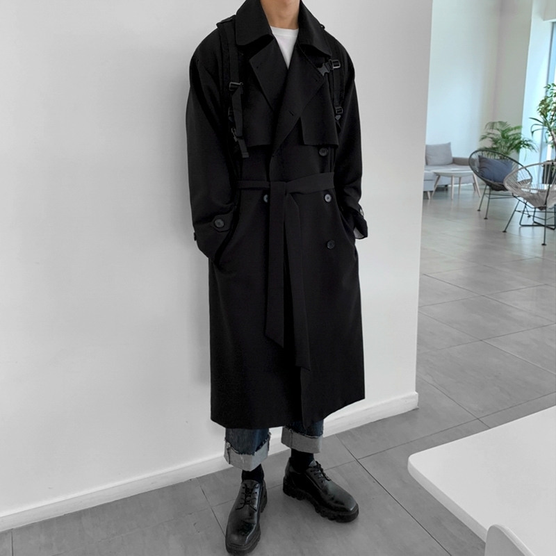 IEFB Spring Korean Trend Men's Windbreaker Mid Length Loose Handsome Casual Trench Coat With Belt Double Breasted Cloth 210524