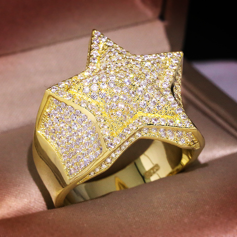 Mens Gold Ring Stones Iced Out Five-pointed Star Fashion Hip Hop Silver Rings Jewelry