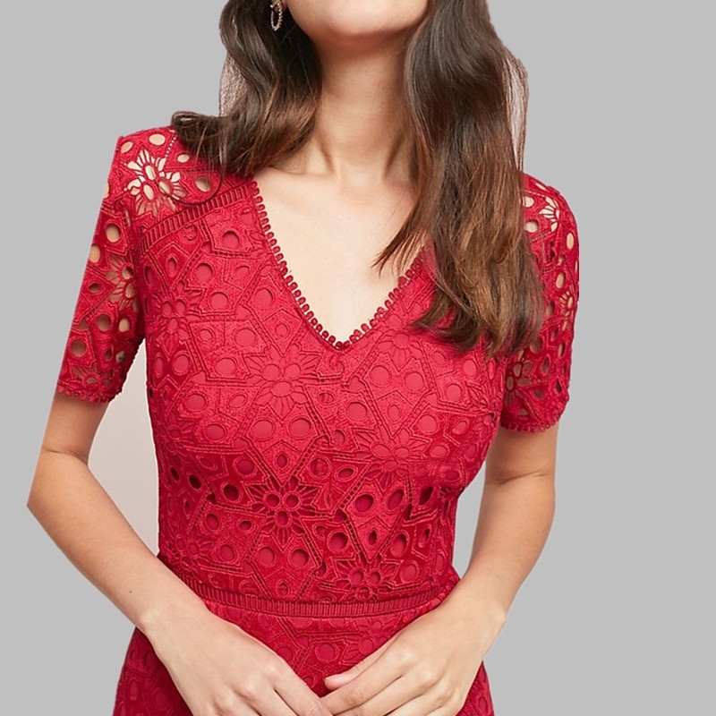 Summer Lace Patchwork Red Dress Women Sexy V-Neck Work Casual Party Slim Dresses Vintage Vestidos 210520