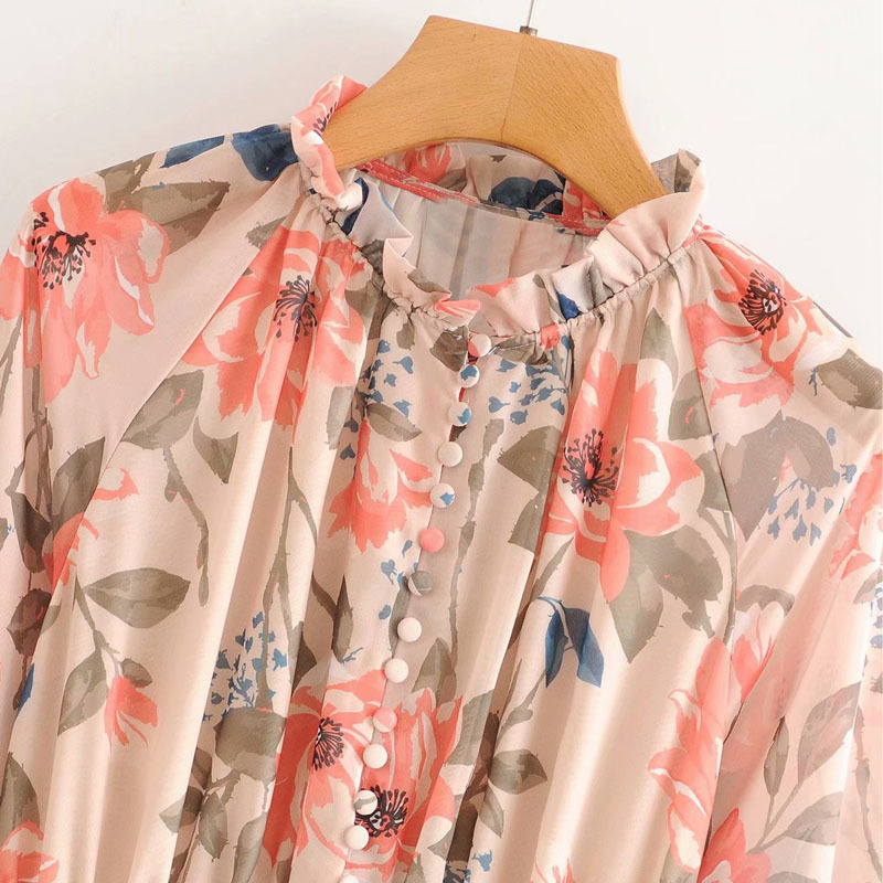 VKBN Summer Women Dress Up Flare Sleeve Floral Print Empire Stand Long Sleeve Dresses Women Long Fashion s 210507