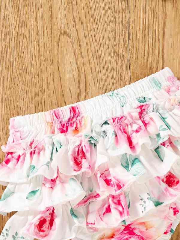 Baby Girl Slogan Graphic Bodysuit & Floral Shorts & Headband SHE