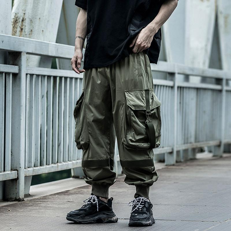 Techwear Black Ribbons Cargo Pants Men Hip Hop Tactics Harajuku Streetwear Loose Ankle-length Trousers Multi-Pocket Male Joggers Men's