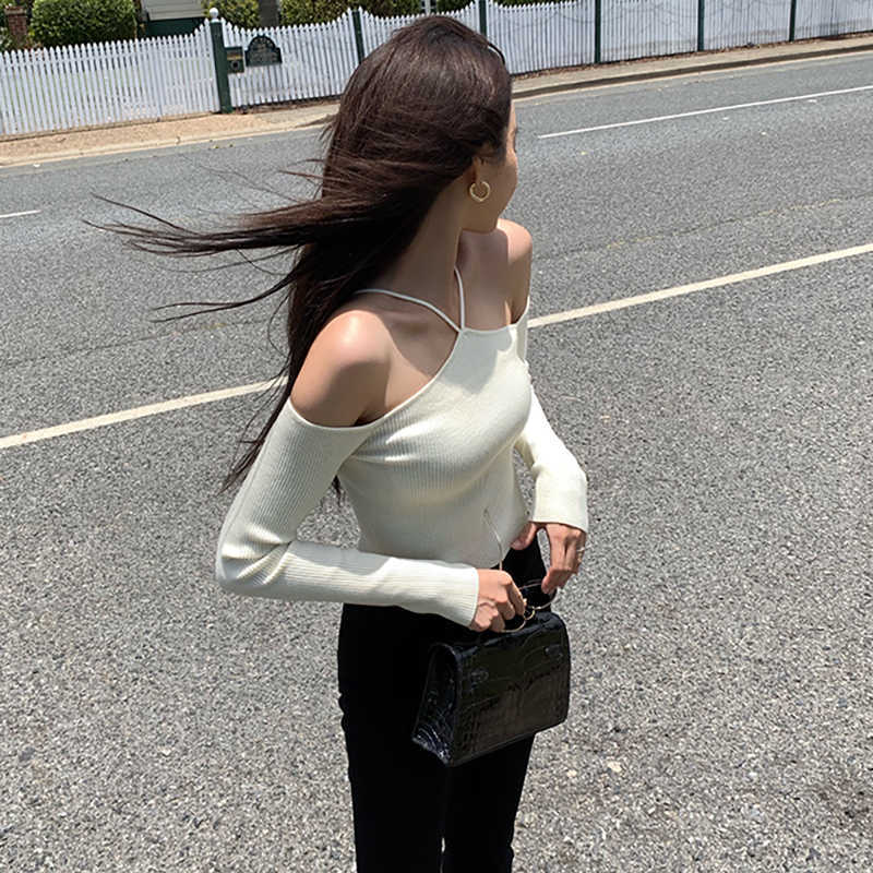 Sweater Mujer Sexy Off Shoulder Slim Knitted Sweaters Long Sleeve Pull Femme Autumn Vintage Chandails White Black Top Women 211011Z