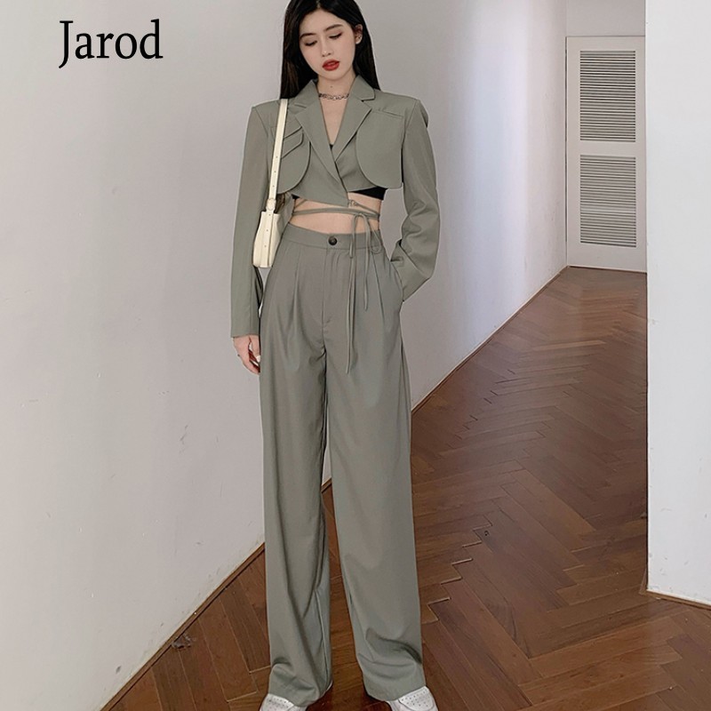 Spring Womens Outfits Ladies Office Notched Collar Long Sleeve Sexy Short Coat + High Waist Wide Leg Long Pants 2 Piece Sets 210518