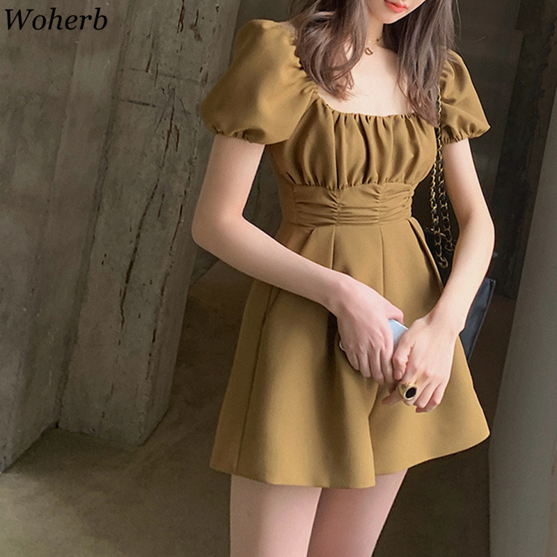 Womens Jumpsuit Korean Clothes Sweet Slim Fit Ruffles Bodysuit Puff Sleeve Rompers Wide Leg Short Pants Playsuit 210519