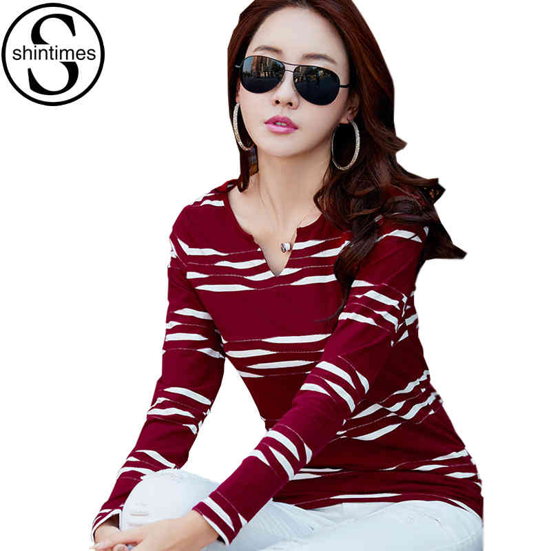 T Shirt Women Long Sleeve Tshirt Woman Camisetas Mujer Striped Womens Tops Casual T-Shirts Plus Size Blue Tee Shirt Femme 210406