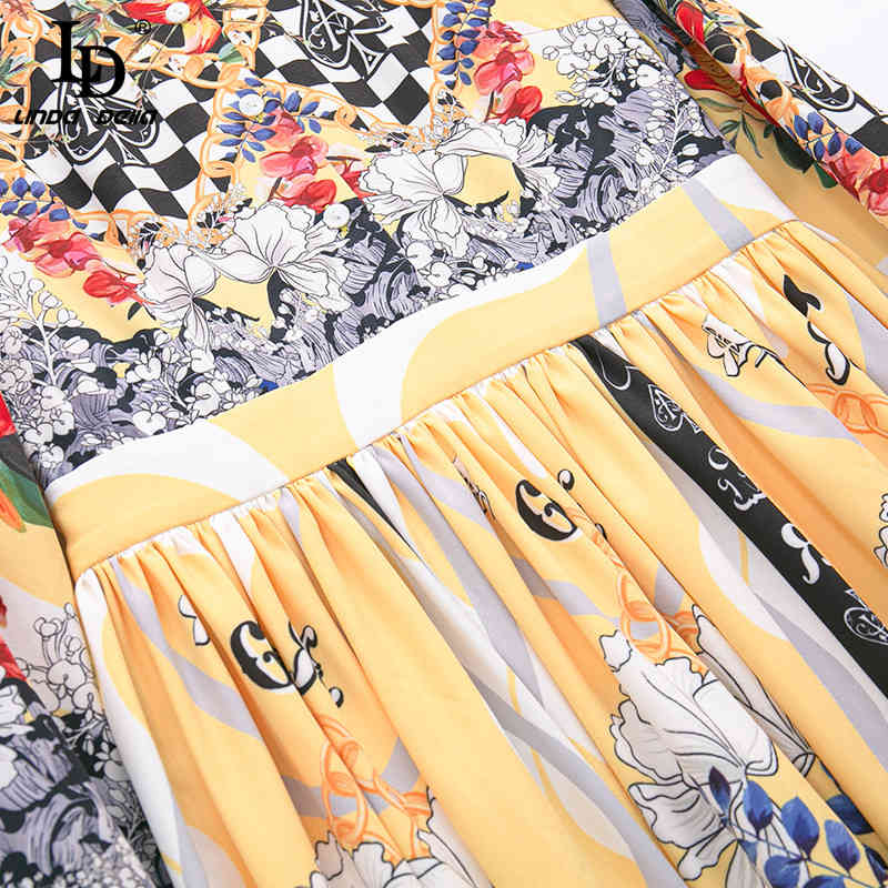 Summer Fashion Runway Vintage Party Dress Women's Long sleeve High waist Floral print Pleated Midi 210522