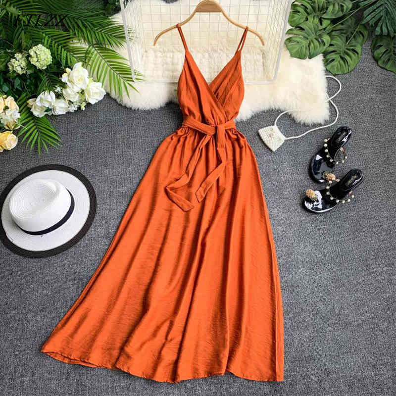 Summer Sexy A Line Spaghetti Strap Dress Solid V-neck Sleeveless Tie Up High Waist Lady Party Dress 210521