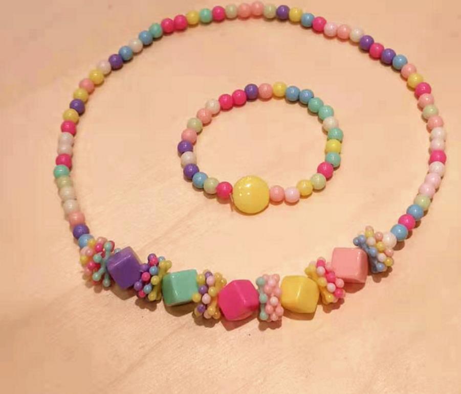 Kids Beaded Necklace Bracelet Jewelry Set Fashion Cute Pink White Pearl Pendant Accessories
