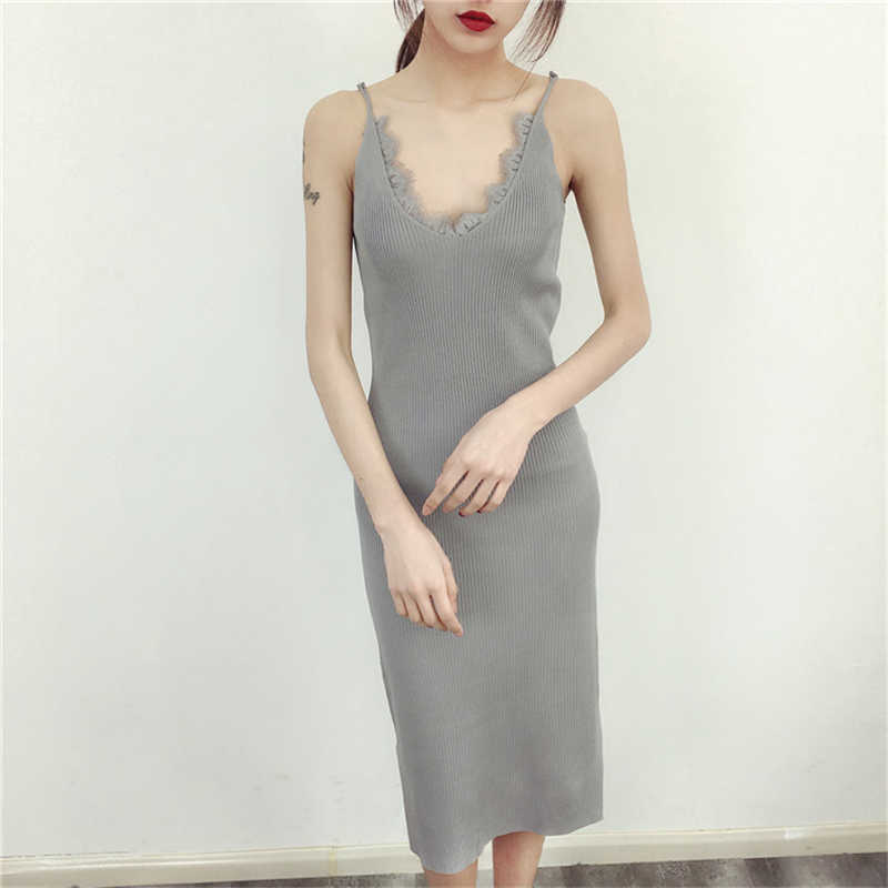 Women Spaghetti Strap Dresses Split V-Neck Lace Patchwork Knitted Ladies Sleeveless Bodycon Tank Vestidos P022 210623