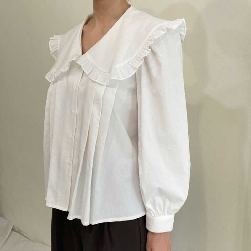 Ruffle Peter Pan Collar Women Shirts Causal Puff Long Sleeve Blouse Korean Solid Blusas Mujer 6G806 210603