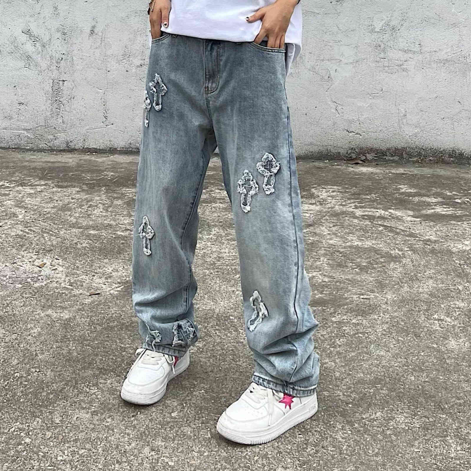 Men Fashion High Street Trousers Embroidery Cross Jeans Men/women Streetwear Loose Hiphop Casual Trousers Men Clothing 211120