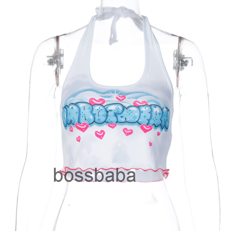 2021 Women Letter Print Vest Top Casual Knitted t Shirt Hanging Neck Round Collar Slim Vest Building Printed Top 815