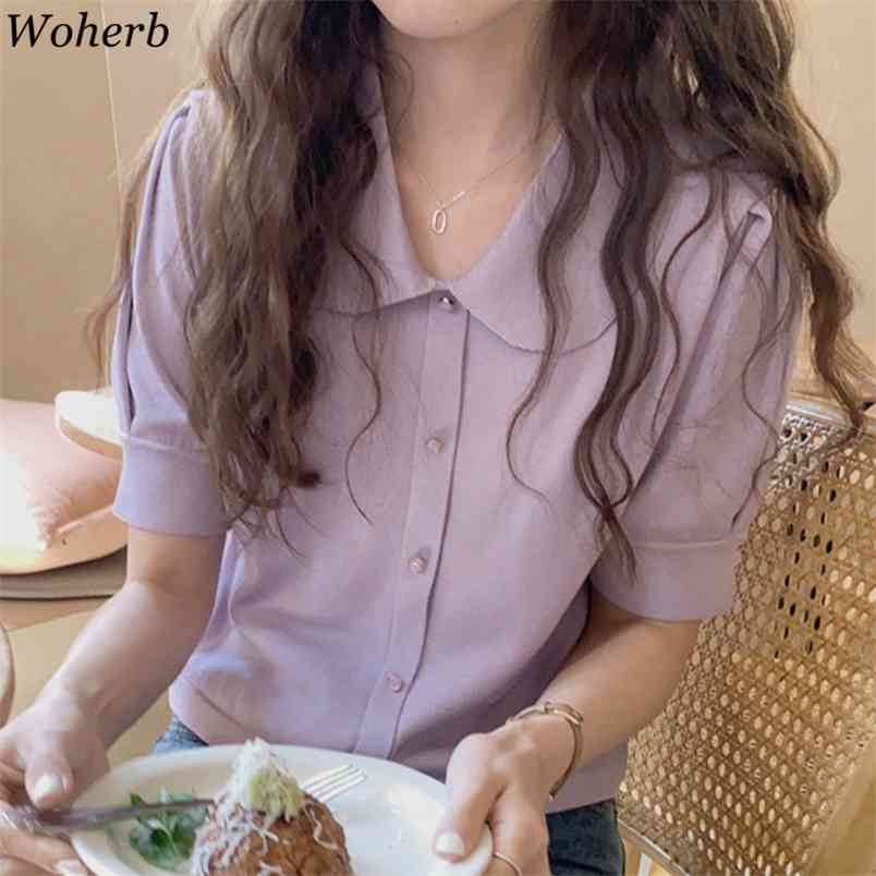 Knitted Thin Tops Women Solid Color Short Sleeve Single Breasted Sweater Sweet Peter Pan Collar Fashion Cardigan Sueter 210519