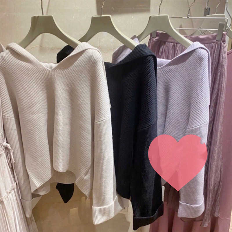 Kuzuwata Japanese Jumper Autumn Winter Sweater Women Sweet Simple Solid Sailor Collar Long Sleeve Rib Knitted Pullover 211011Z