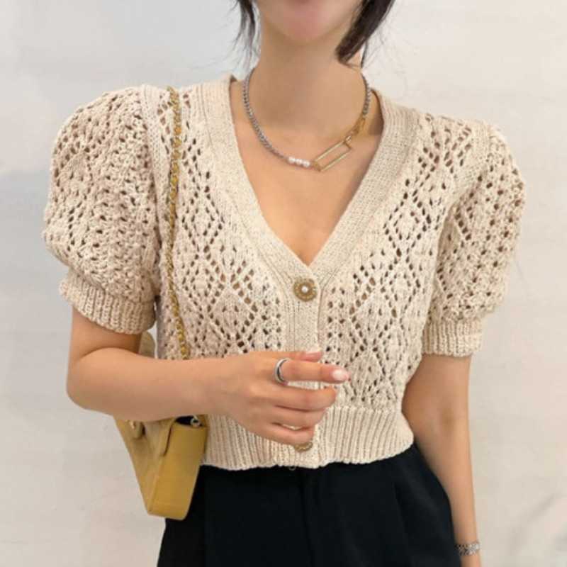 Korean Hollow-out Short Knitwear Sexy Slim Puff Sleeve V-neck Knitted Cardigan Summer Women Jumpers 6J022 210603