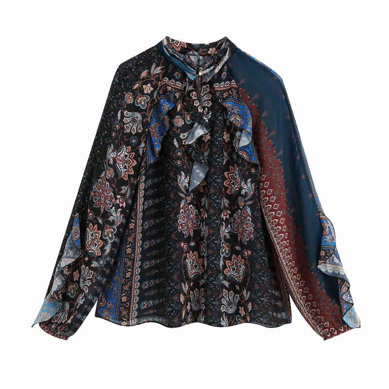 Vintage Women Chiffon Ruffles Shirts Fashion Ladies O-Neck Loose Tops Causal Female Boho Print Patchwork Blouses 210430