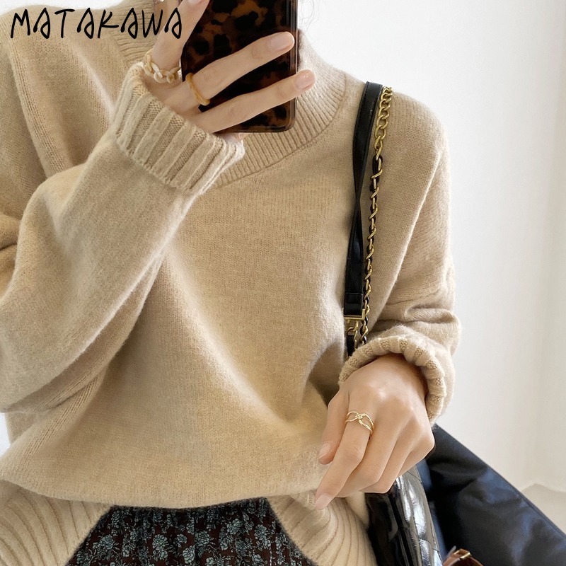 MATAKAWA Solid Woman Sweaters V-neck Basic Loose Sweaters Women Spring Pullover Long Sleeve Top 210513