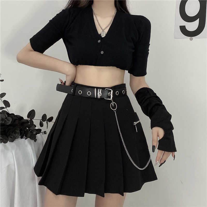 Women Skirts Gothic Short A-Line High-Waist Sexy Chain Korean Fashion Summer Female Student Black Mini Pleated-Skirt 210621