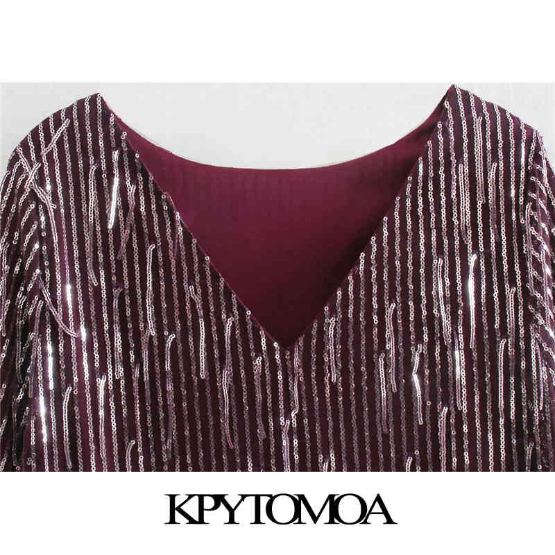 Women Chic Fashion With Fringing Sequinned Mini Dress Back Low-cut Long Sleeve Female Dresses Vestidos 210420