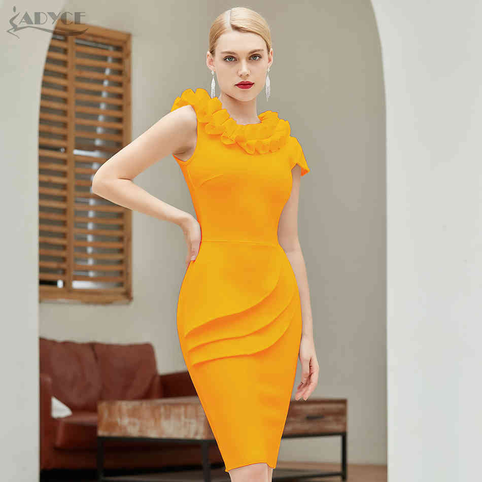 Summer Women Yellow Ruffles Club Bodycon Bandage Dress Sexy Sleeveless Celebrity Runway Party Dresses Vestidos 210423