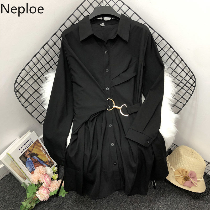 Neploe Chic Turn Down Collar Elegant Shirt Dress Women Spring Fashion Temperament Irregular Mini Dresses Slim Waist Vestidos 210422