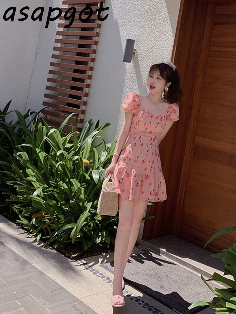 2 Style Korean Chic Sweet Girls Plus Size Square Neck Floral Dress Women Peach Pink Summer Temperament Waist Slim Mini Vestidos 210429