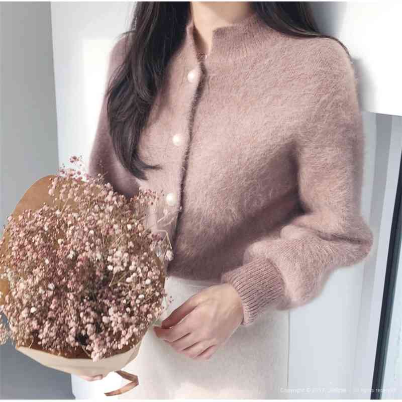 Elegant Long Sleeve Mohair Sweater Women Single-Breasted Female Short Cardigan Soft Flexible Knitted Mujer Sute 210520
