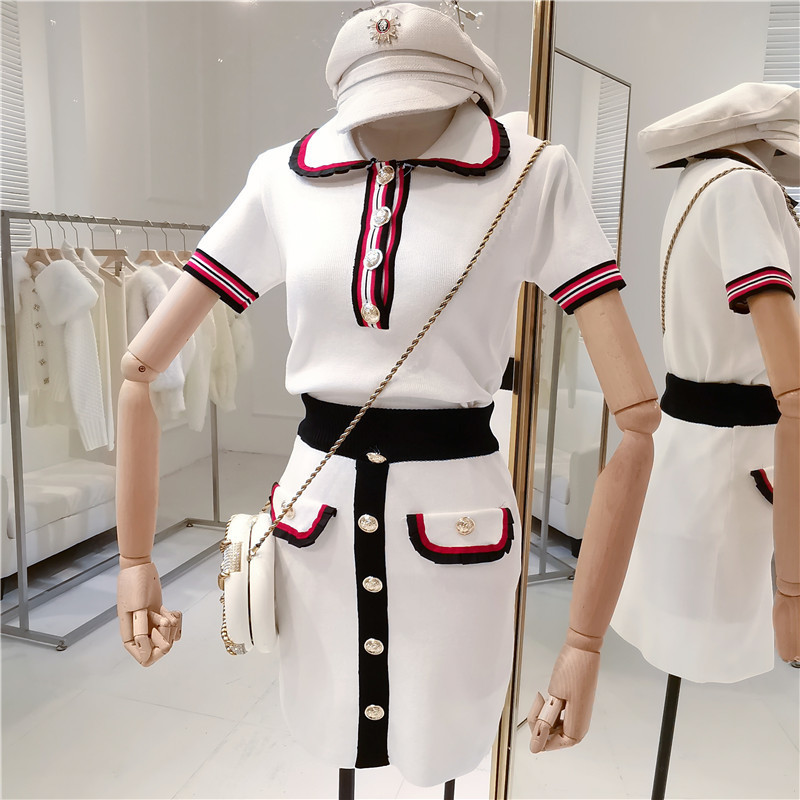 Summer Women Runway Turn-down Collar Striped Knitted Tops Short Sleeve Sweater + Gold Buttons Mini Pencil Skirt Set 210515
