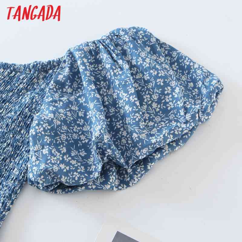 Women Blue Flowers Print Shoulder Off Puff Short Sleeve Ladies Mini Dress QW96 210416