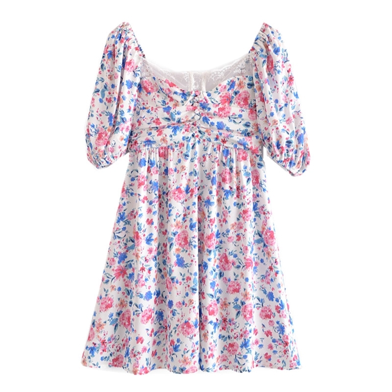 Summer Lace Square Collar Short Sleeve Floral Print Dress French A line Elegant Women Party Dresses Slim fit Vestido 210429