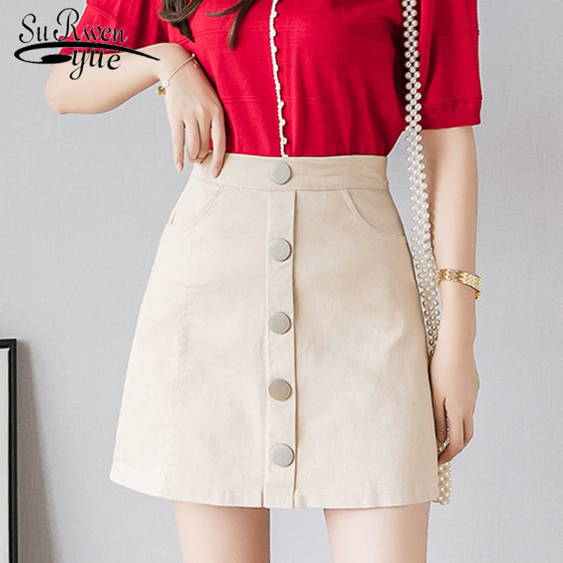 Button Pocket Casual Women Elegant Skirts High Waist A-line Autumn Fashion Denim Skirt 6185 50 210508