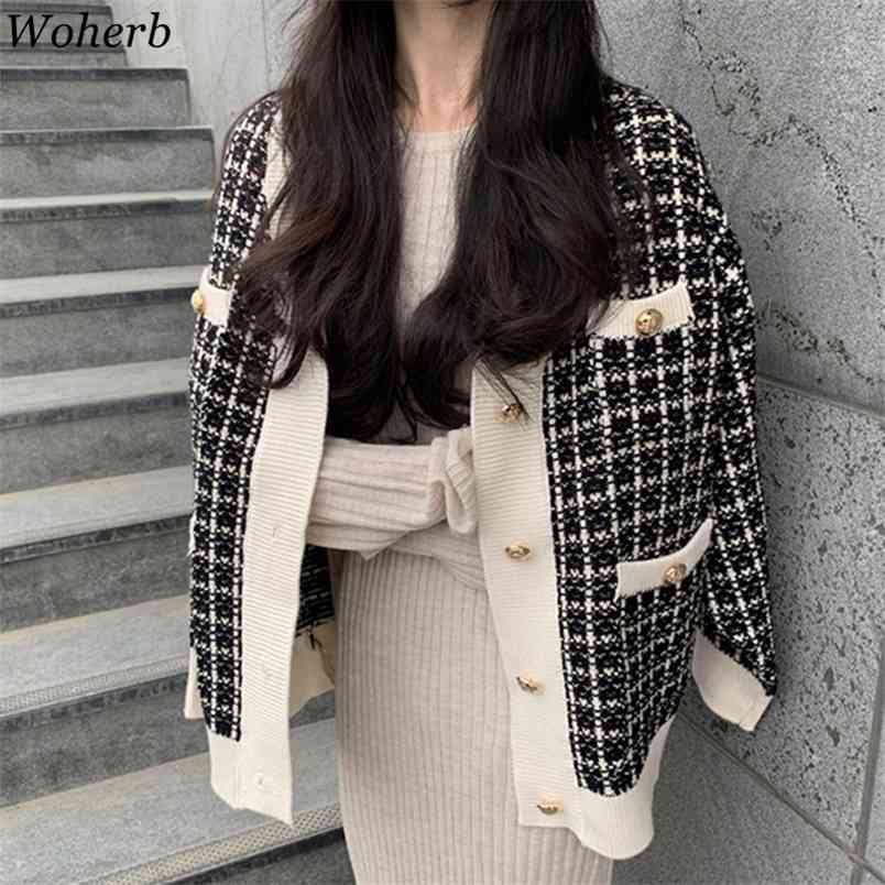 Vintage V Neck Women Knitted Sweaters Coat Korean Chic Plaid Female Cardigans Sueter Mujer Jacket 210519