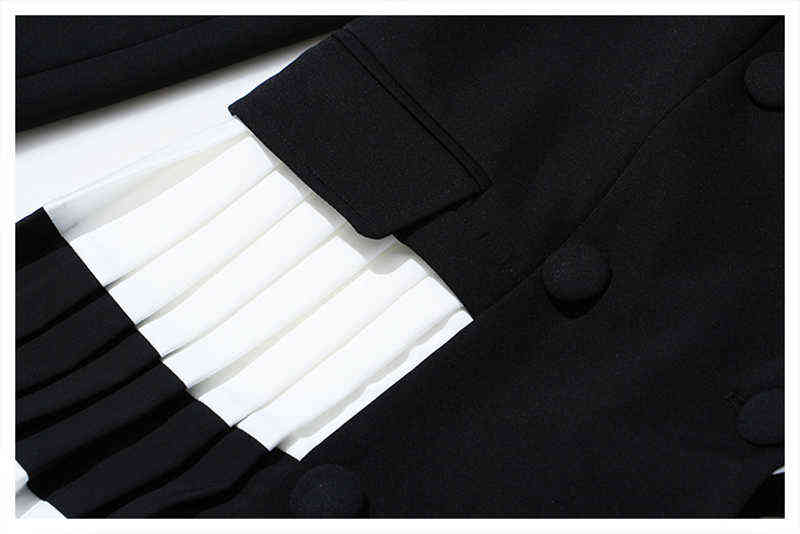 [EAM] Women Black Contrast Color Pleated Blazer Lapel Long Sleeve Loose Fit Jacket Fashion Spring Autumn 1T306 211104