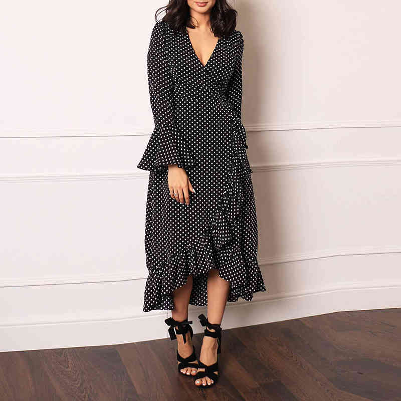 Women Chic Polka Dot Long Dress Female Ruffles Split Party es Ladies V Neck Flare Sleeve Casual Maxi 210508