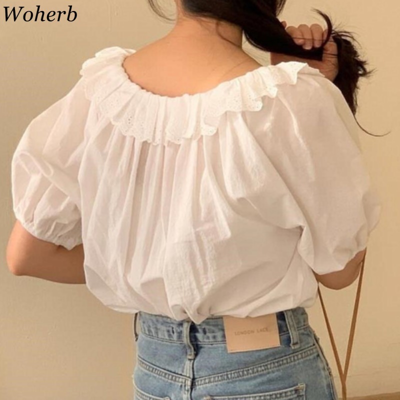 U-neck Shirts Women Short Puff Sleeve Lace Bandage Elegant Blouses Girls Sweet Ruffle White Blouse Korean Cute Summer Top 210519
