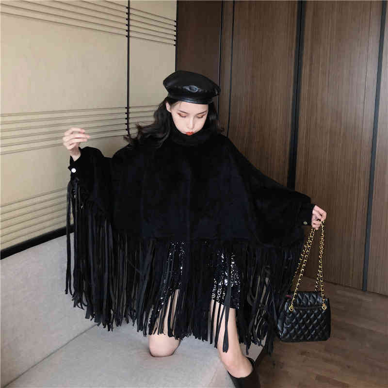 Autumn Winter Women Overcoat Manteau Fashion Streetwear Batwing Sleeve Faux Mink Cashmere Tassel Cloak Coat 210506