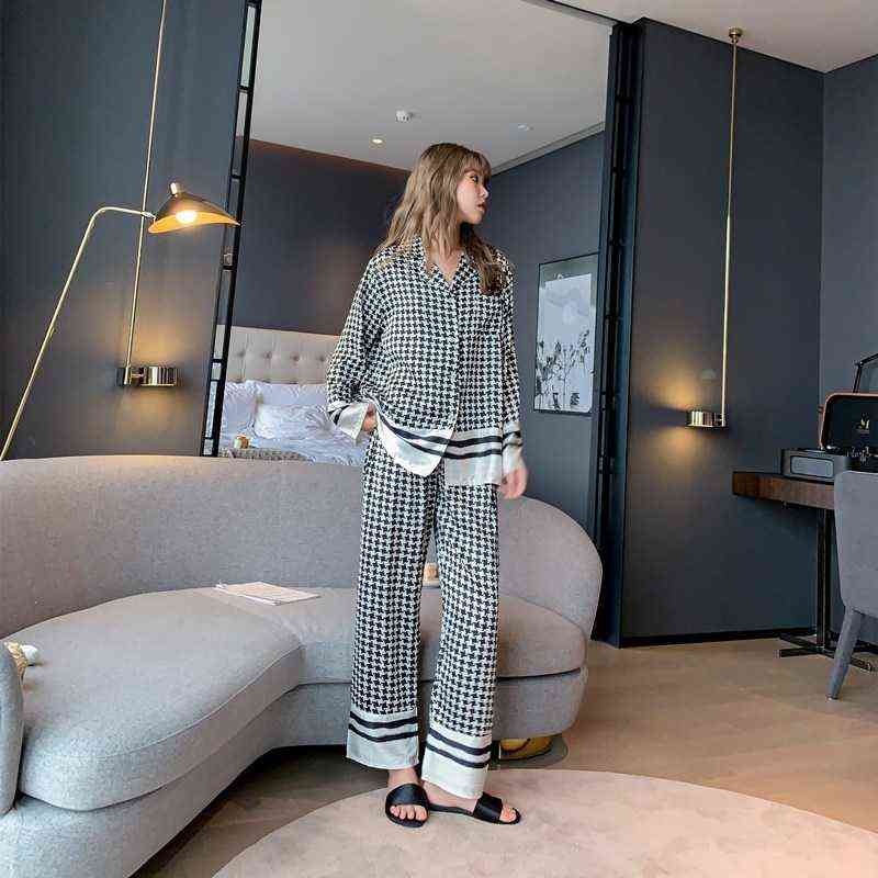 QSROCIO Silk Like Houndstooth Women's Pajamas Set Fashion Style Female Couple Sleepwear Home Clothes for Men Nightwear Pyjama 220114