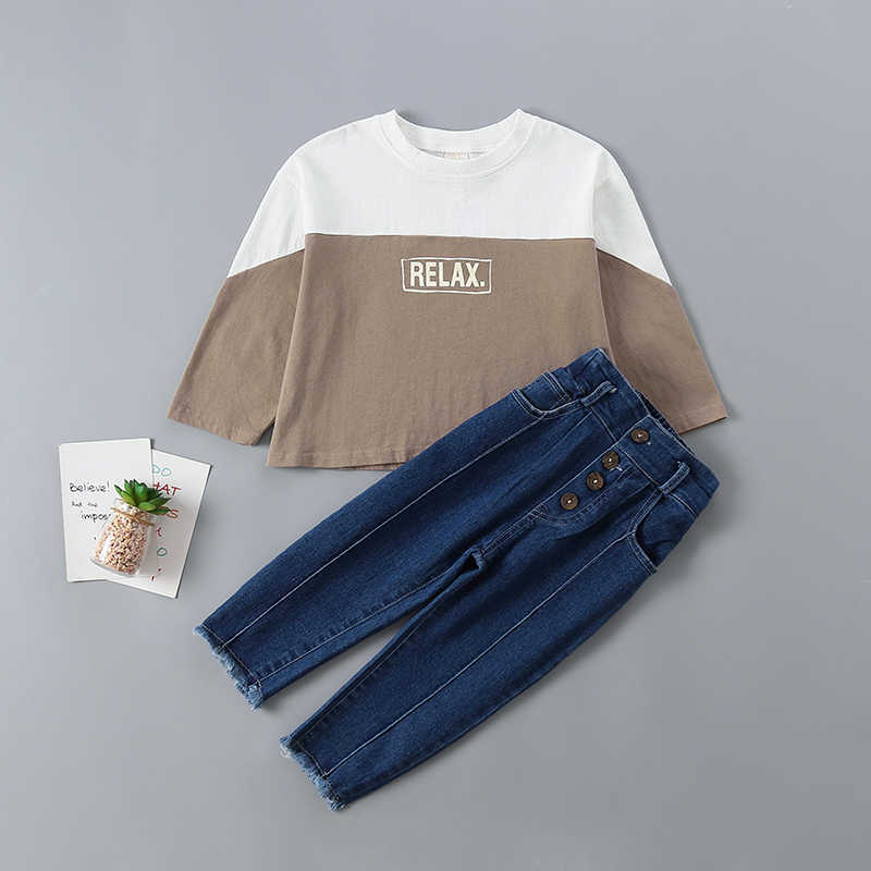 2-7 years high quality girl clothing set spring autumn active solid T-shirt + denim pant kid children 210615