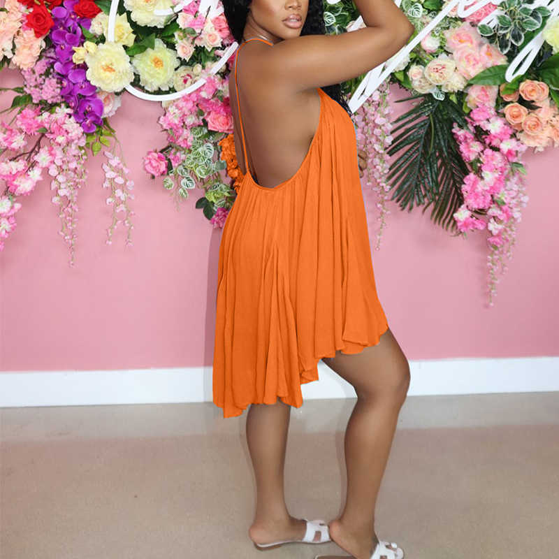 Summer Halter Backless Loose Pleated Mini Dress 210702
