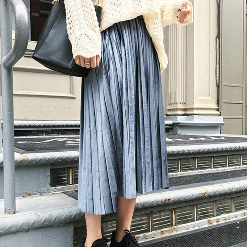 Autumn Women Casual Long Metallic Silver Maxi Pleated Skirt Midi Elastic High Waist Suede Party 210428