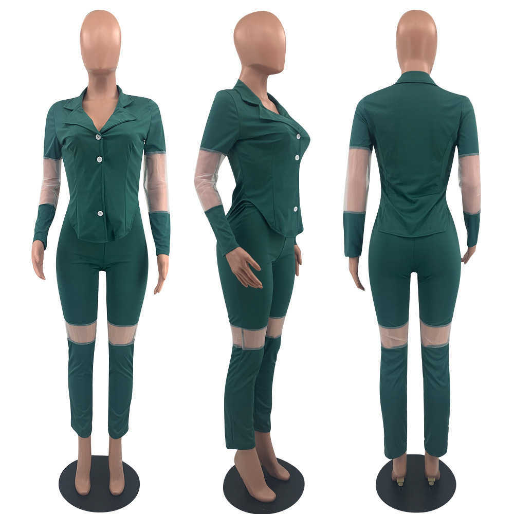 Fashion Women Suits Office Sets Elegant Turn Down Neck Long Sleeve Blazer Patchwork Pant Lady Set 210930