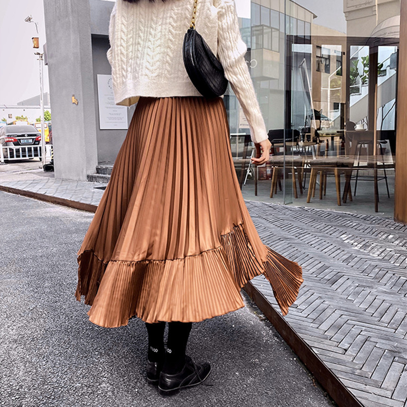 OL Elegant Women High Waist Vintage Irregular Pleated Skirt Autumn Winter Formal Plus Size Solid Long Skirts Womens 210421