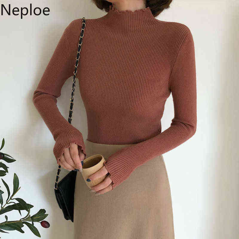 Neploe Fall Winter Ruffles Sweater Turtleneck Ruched Women Sweaters High Elastic Solid Female Slim Sexy Knitted Pullovers 211109