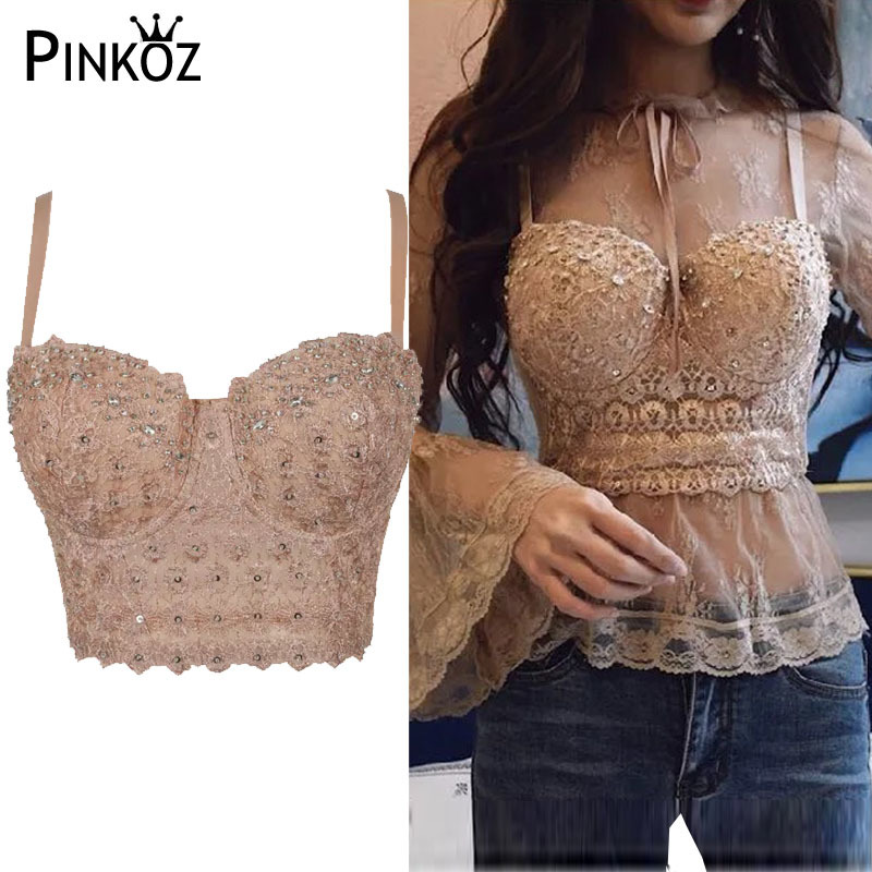 Mesh Lace Bead Bustier Pearls Diamond Push Up Night Club Bralette Women's Bra Cropped Top Vest Camis slim fashion 210421