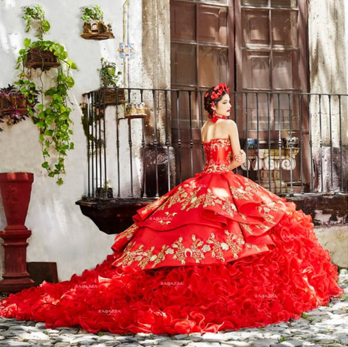 Charro Red Quinceanera Dresses Embroidery Beading Ruffles Skirt lace-up corset Sweet 16 prom Gowns Vestidos De Xv Años